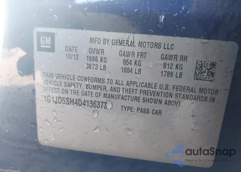 2013 Chevrolet Sonic Lt Manual from USA, damaged, VIN 1G1JD5SH4D4136373